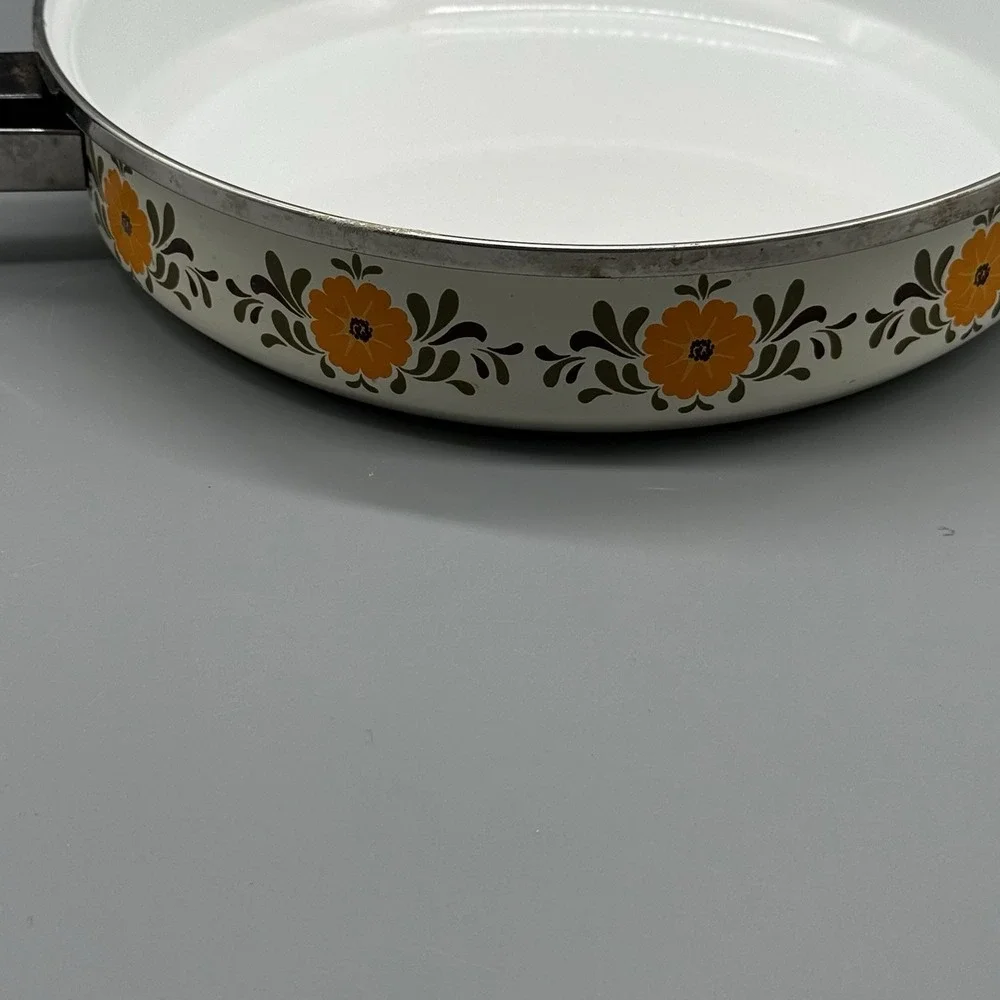 Vintage Cottagecore Enamel Frying Pan Skillet Floral‎ Orange Mid Century Retro
